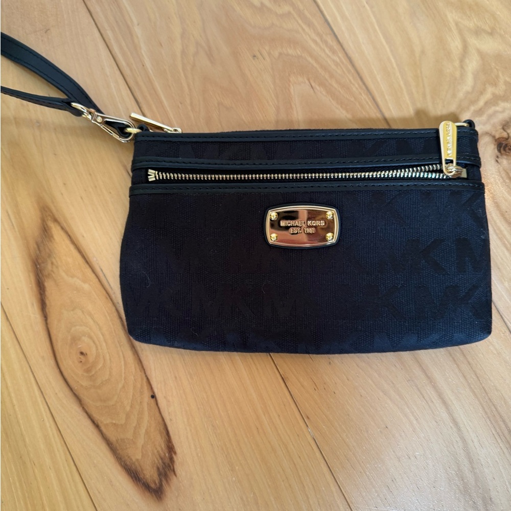 Michael Kors Black Gold-Accent Logo Wristlet